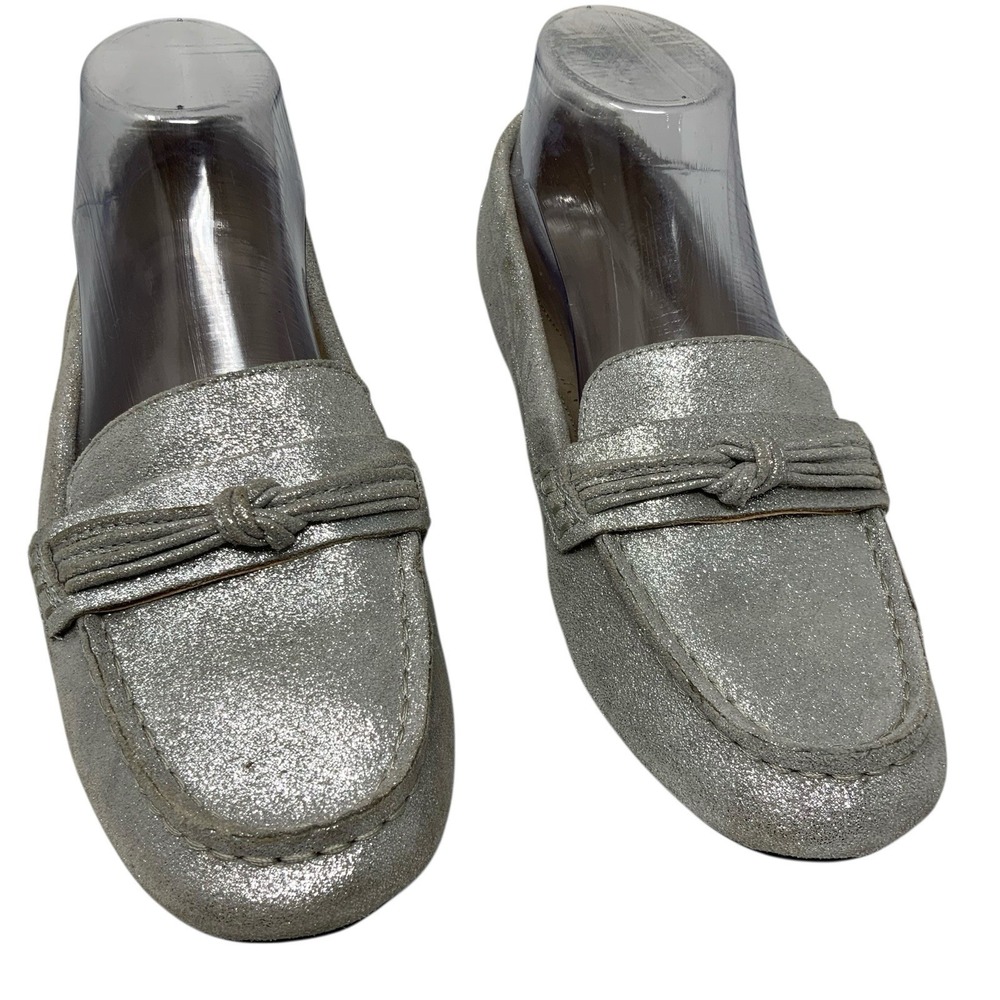 LANDS END Womens 8D (Wide)  Metallic Silver Comfort Suede Leather Slip on Loafer